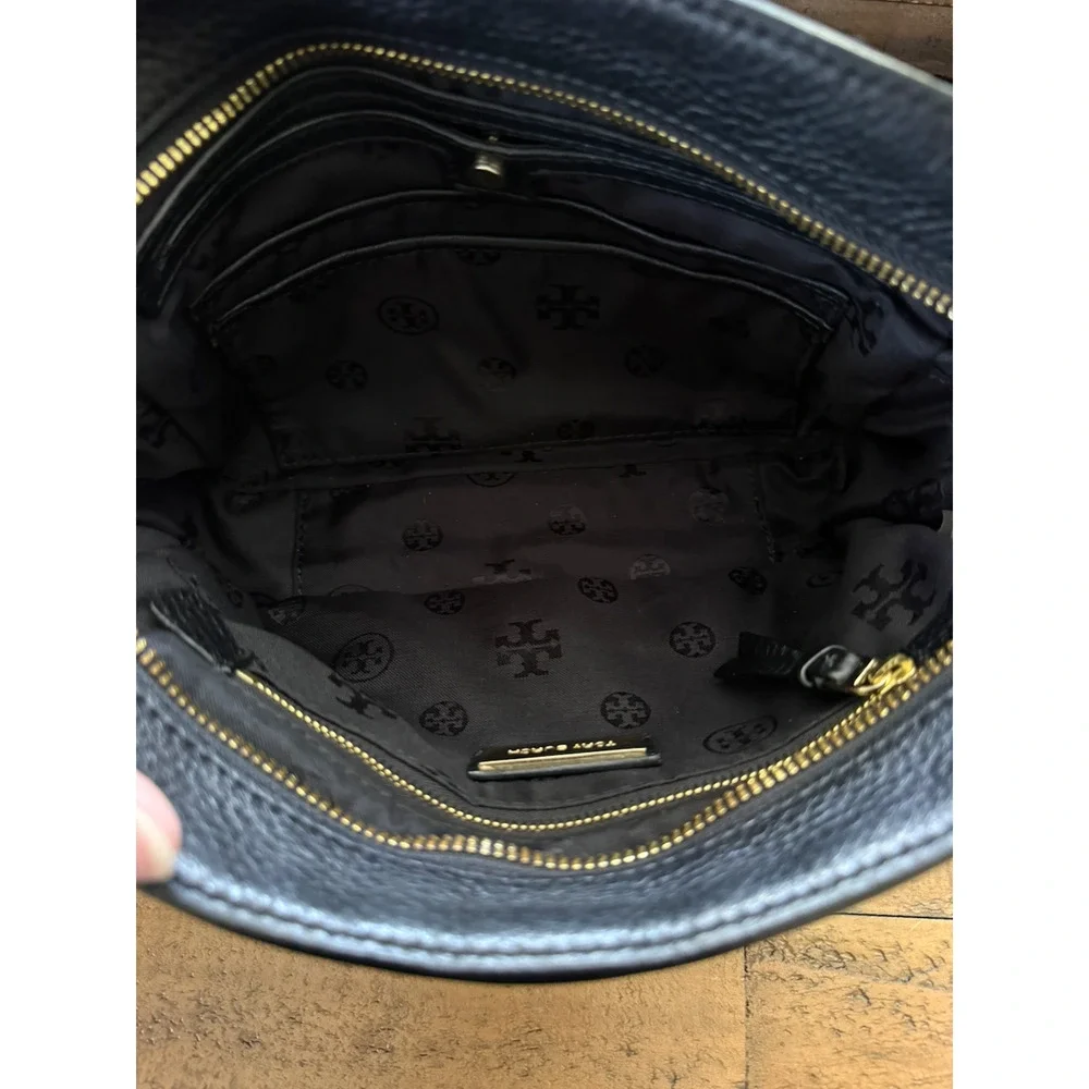 Tory Burch Crossbody Bag Womens Small Black Pebbled Leather Embossed Logo